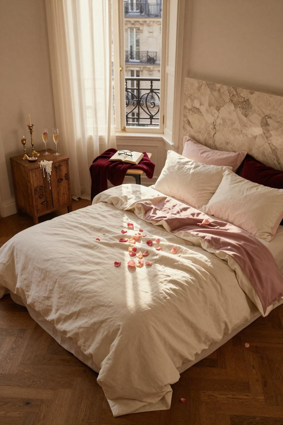 Valentines Day Decorations Bedroom with travertine headboard and ivory linen