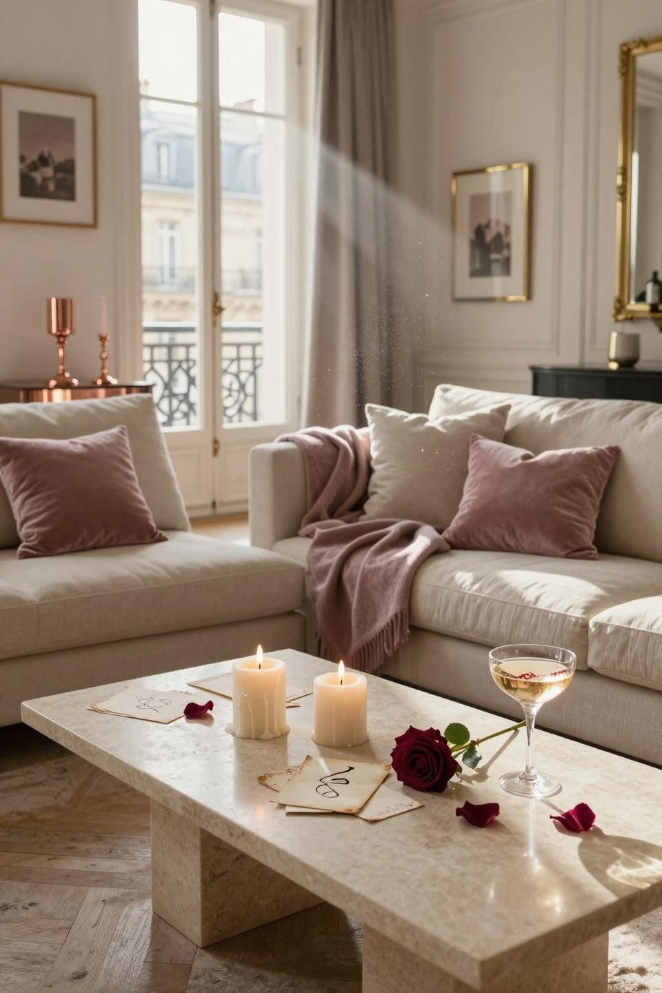 Valentines Day Decorations - modern living room with rose gold candleholders