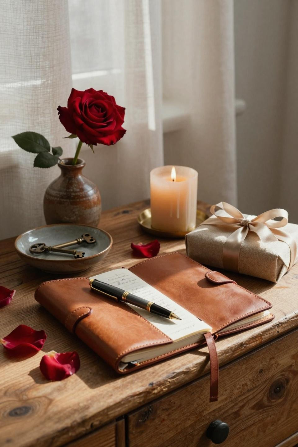 Valentines Day Decorations - cognac journal with fountain pen and rose