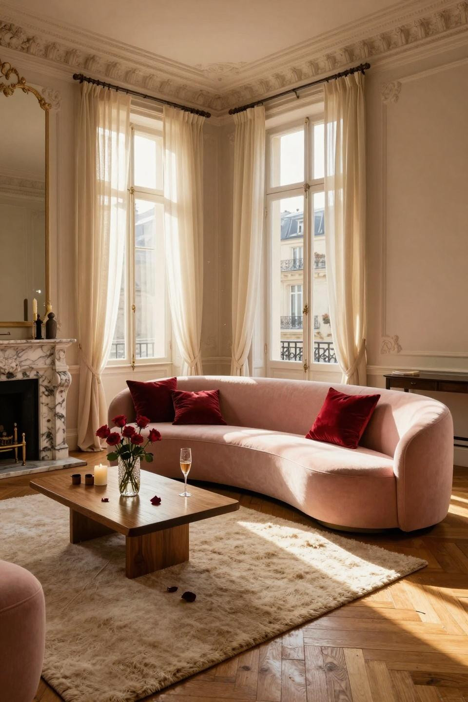 Valentines Day Decorations Bedroom living room with bouclé sofa and velvet cushions