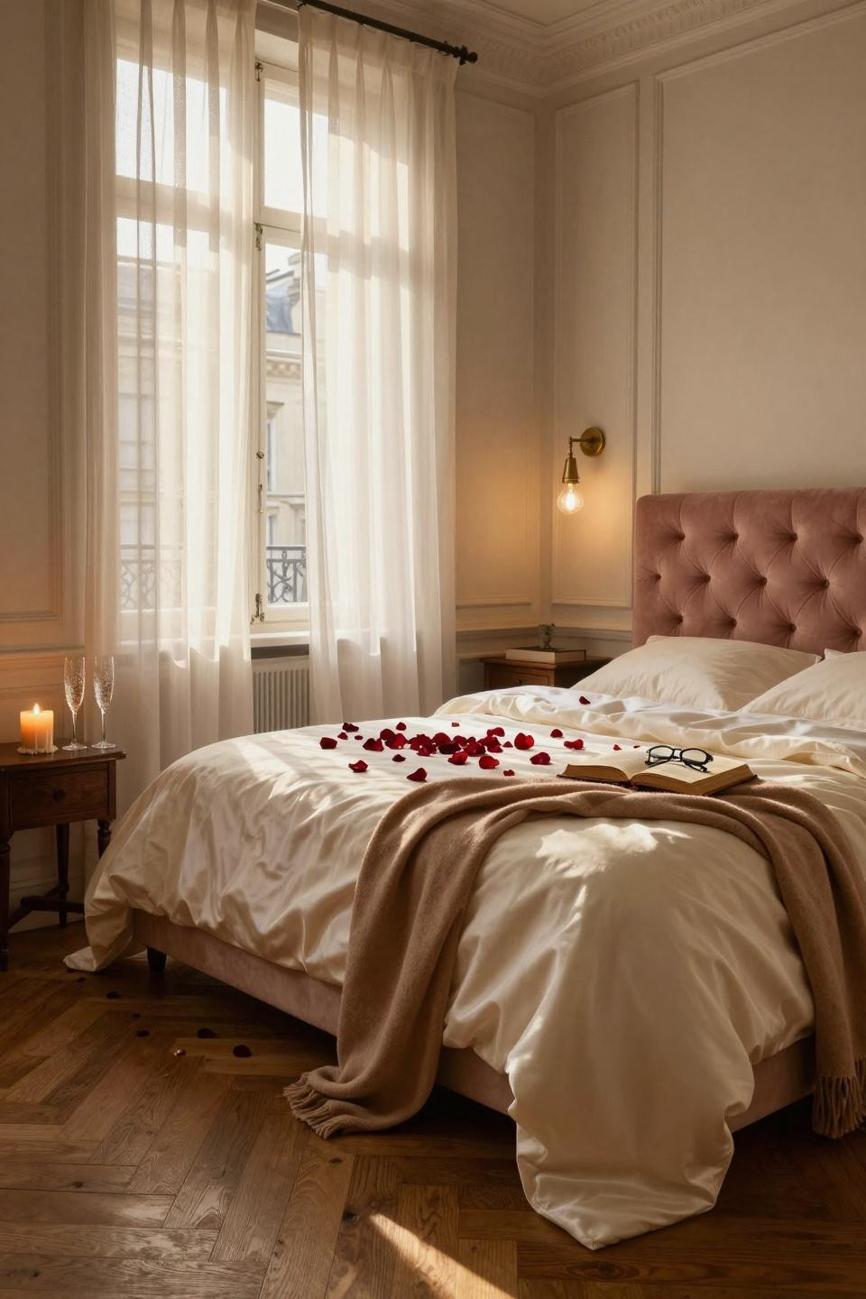 Valentines Day Decorations Bedroom with silk duvet and rose petal pathway