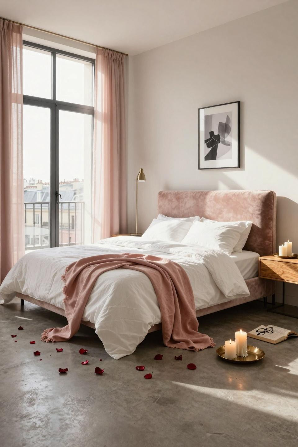 Valentines Day Decorations Bedroom with champagne velvet upholstered headboard