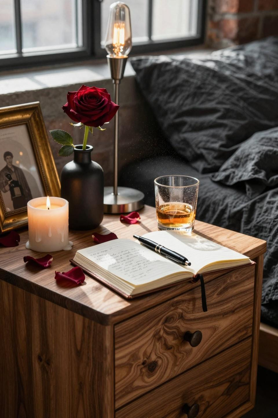 Valentines Day Decorations Bedroom with masculine walnut and charcoal palette