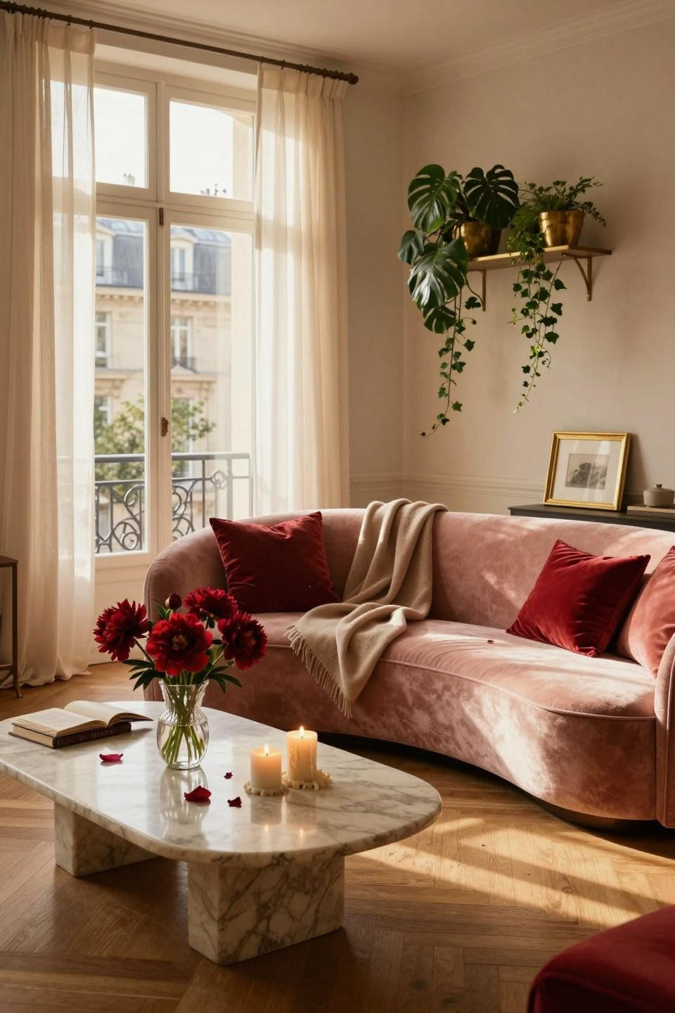 Valentines Day Decorations Bedroom living area with curved sofa and trailing plants