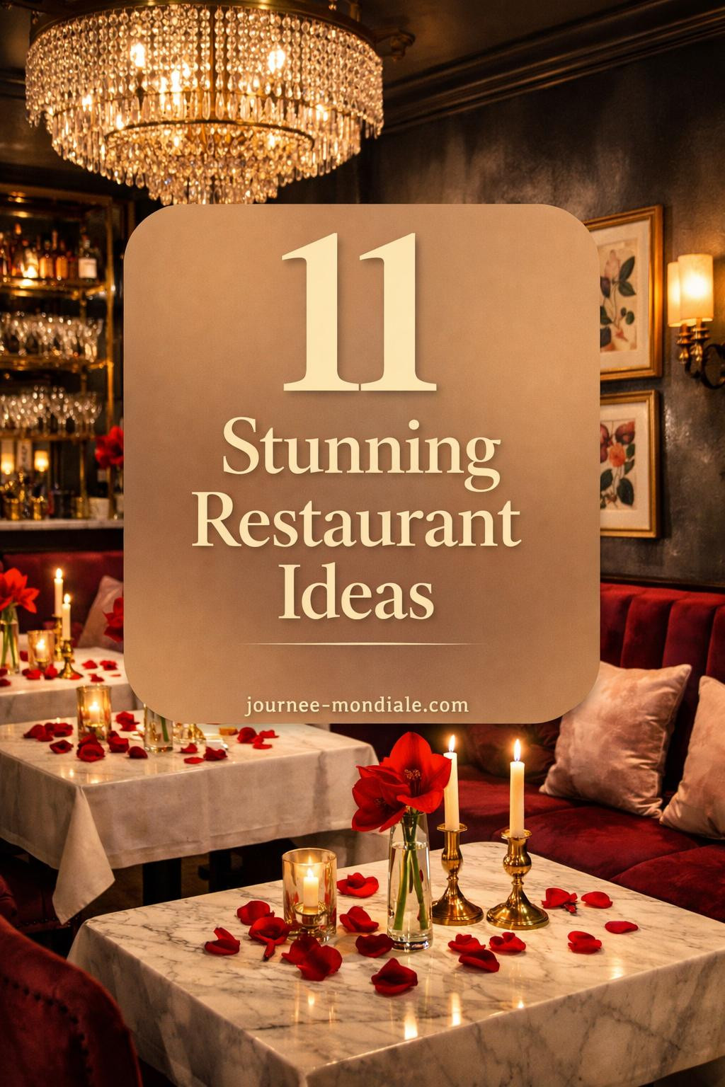 Upscale restaurant dining room with burgundy velvet banquettes, ivory linen tables, red amaryllis centerpieces, brass chandeliers, and romantic candlelight