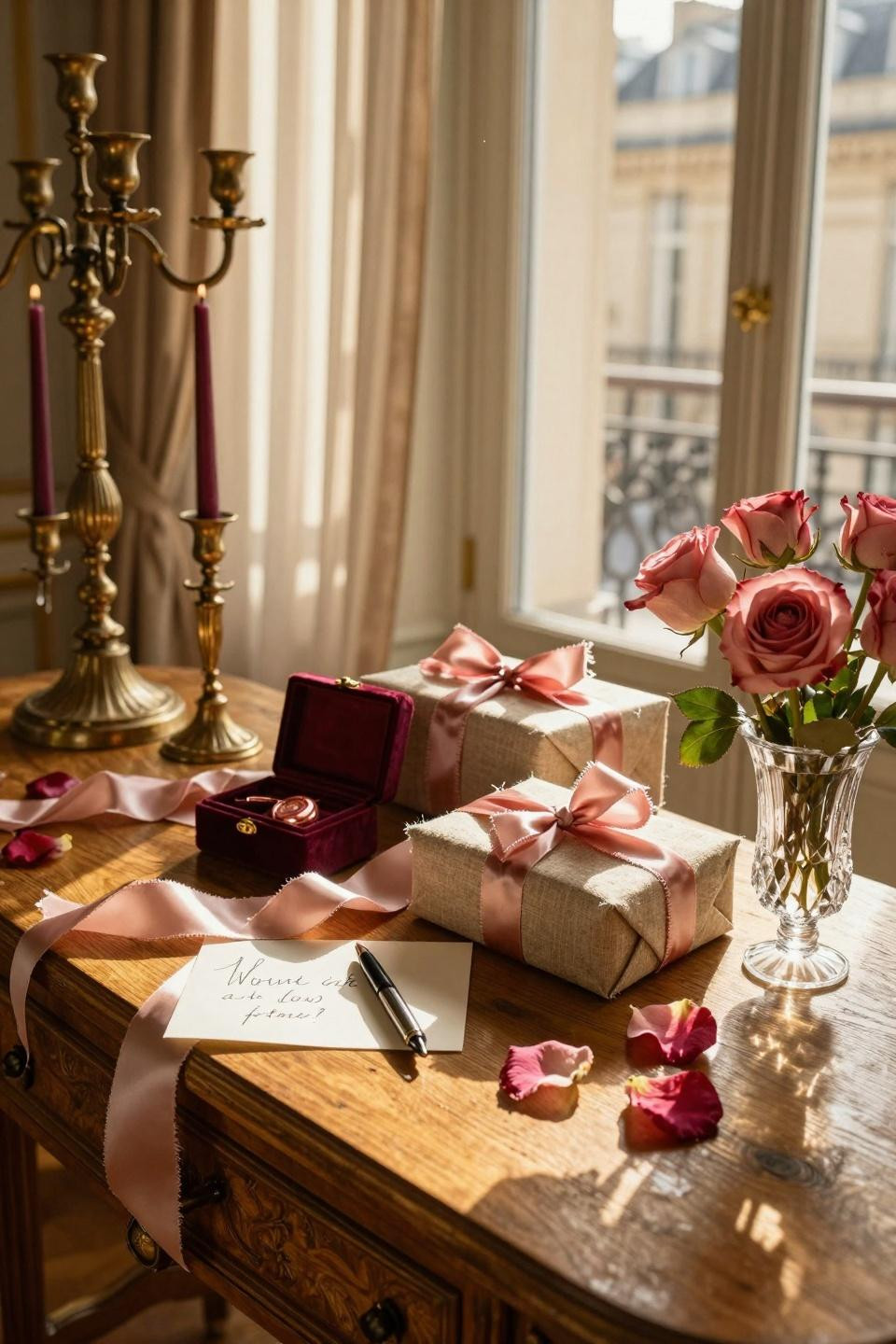 Valentines Day Decorations - elegant gift tableau with roses and brass candelabra