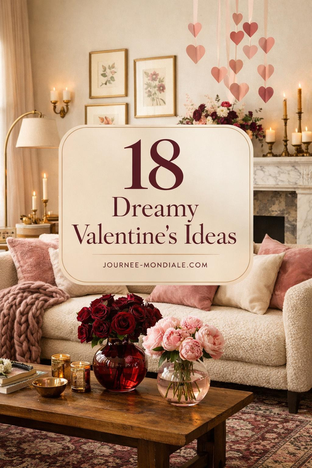 Sophisticated living room with blush boucle sofa, burgundy roses, pink peonies, Persian runner, marble fireplace, brass accents, and paper heart garland for Valentine's Day