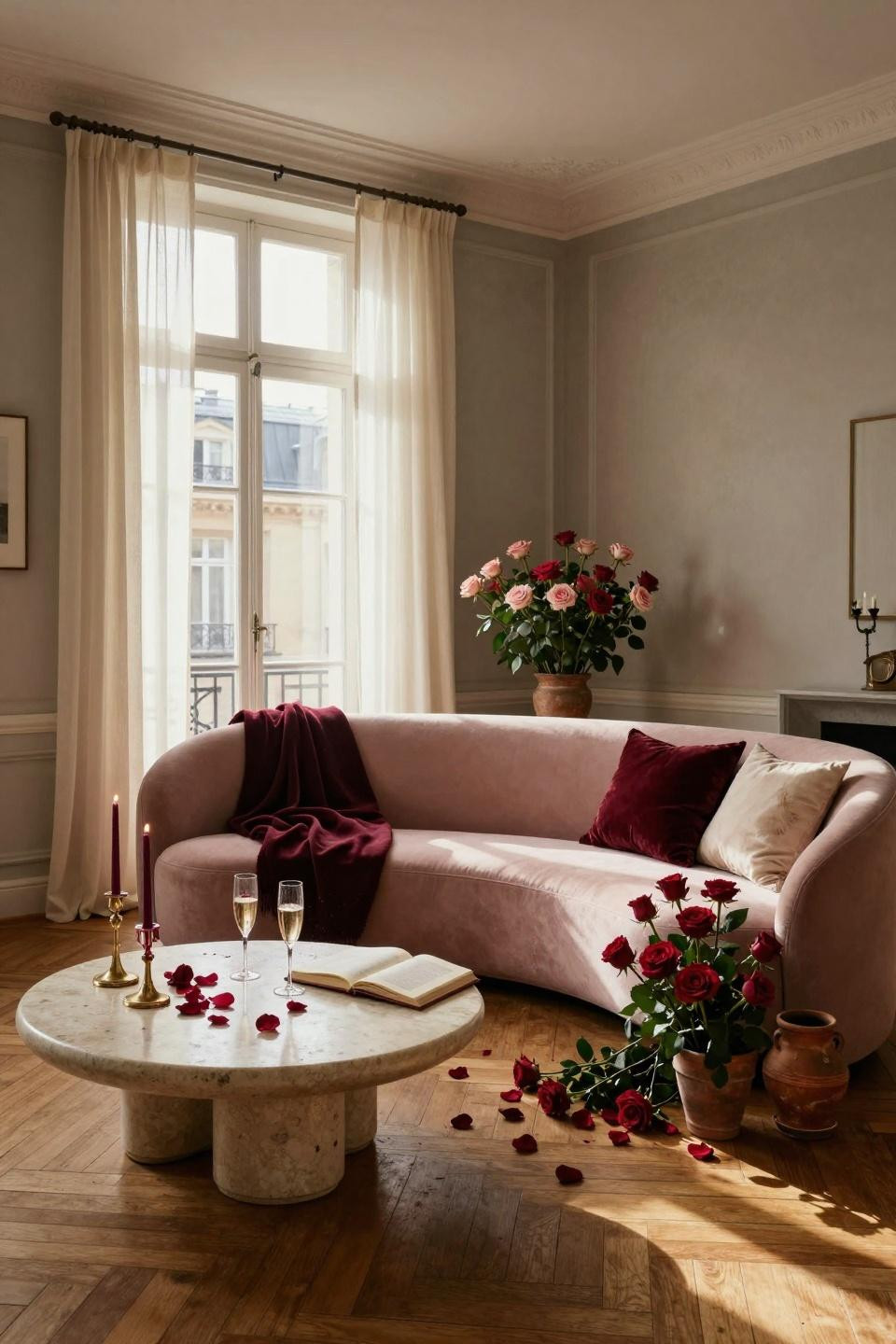 Valentines Day Decorations Bedroom living room with blush bouclé sofa