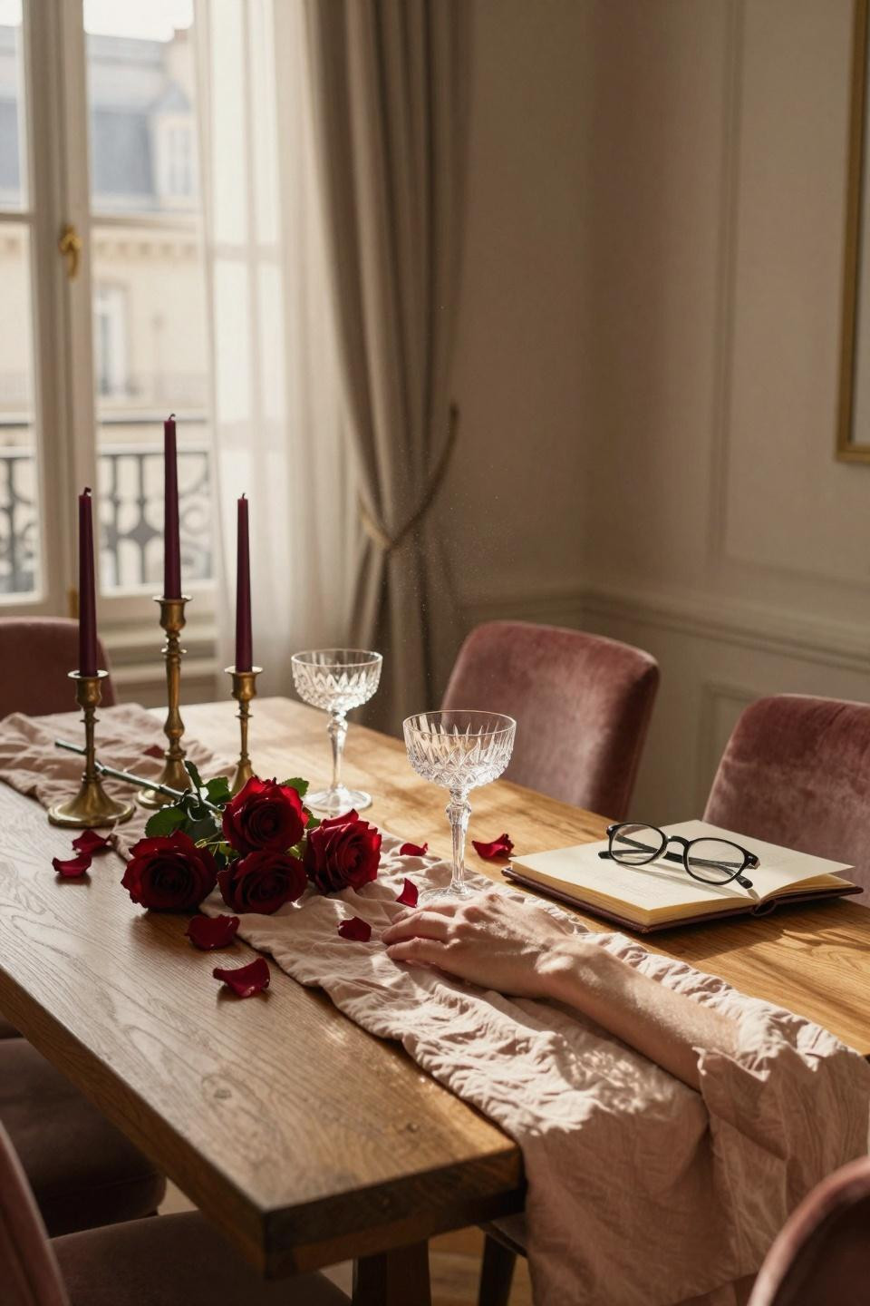 Valentines Day Decorations Restaurant - natural oak table romantic setup