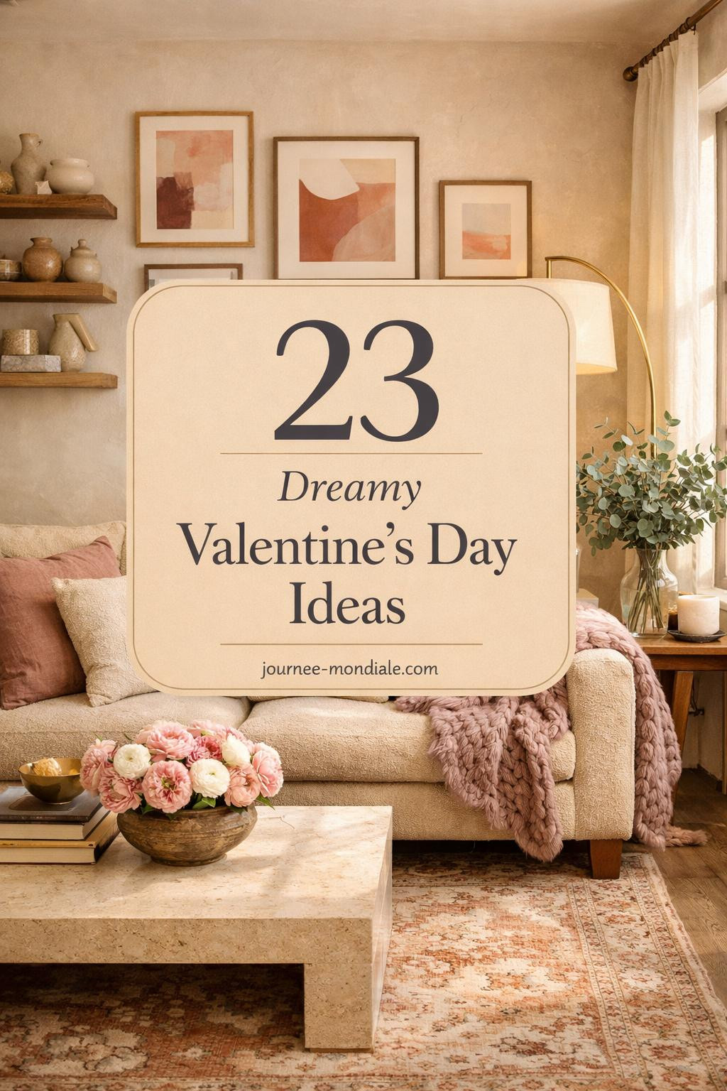 Elegant living room with boucle sofa, travertine coffee table, pink peonies, vintage Persian runner, brass accents, blush decor