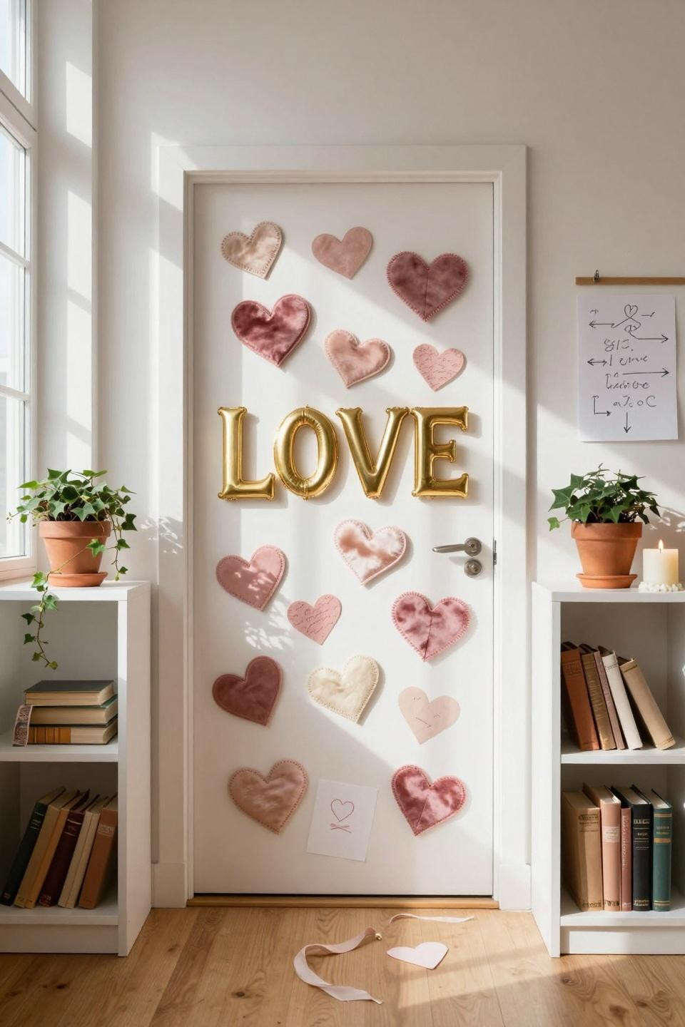 Valentines door decorations classroom with large brass LOVE letters and green ivy