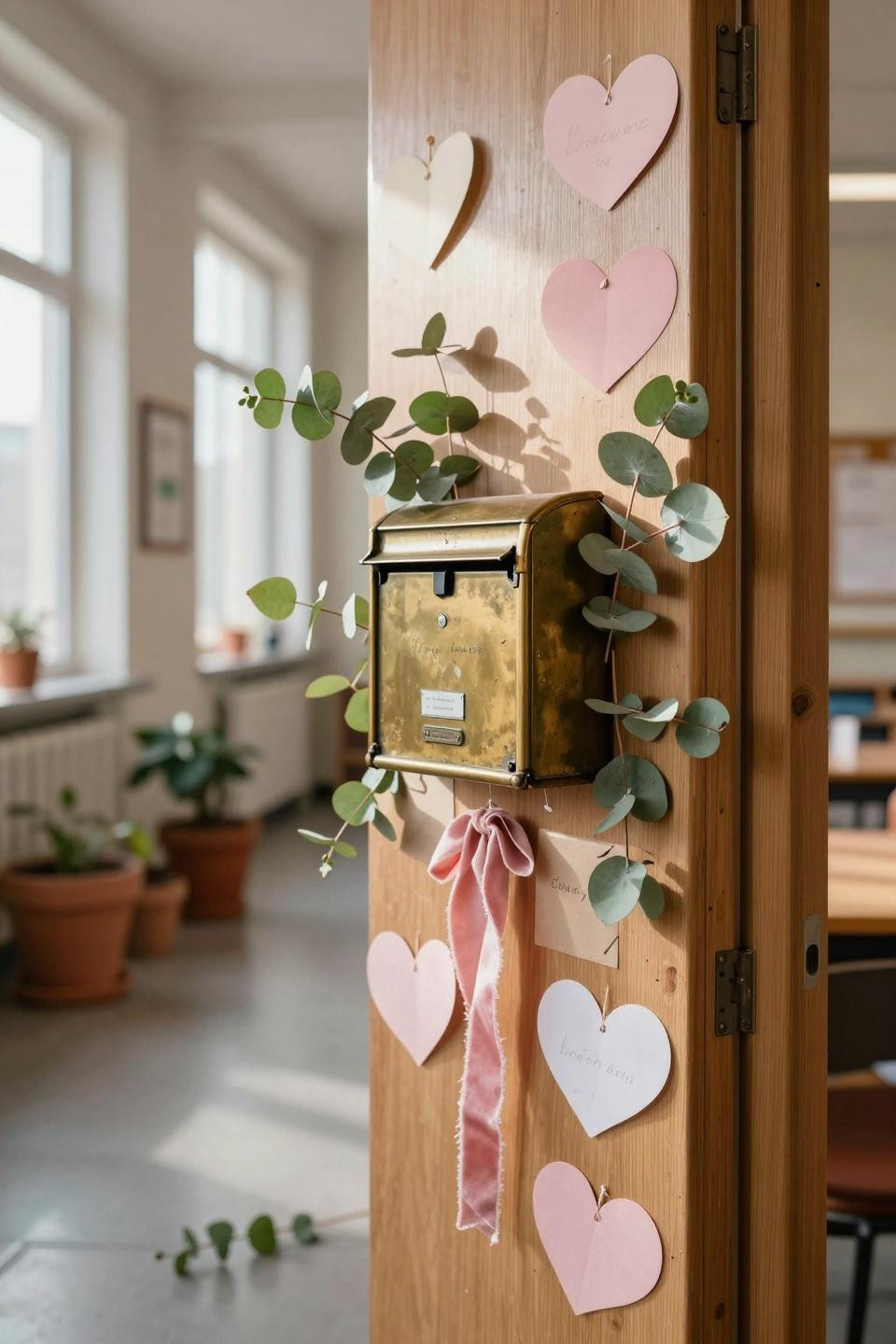 Valentines door decorations classroom featuring vintage brass mailbox and fresh greenery