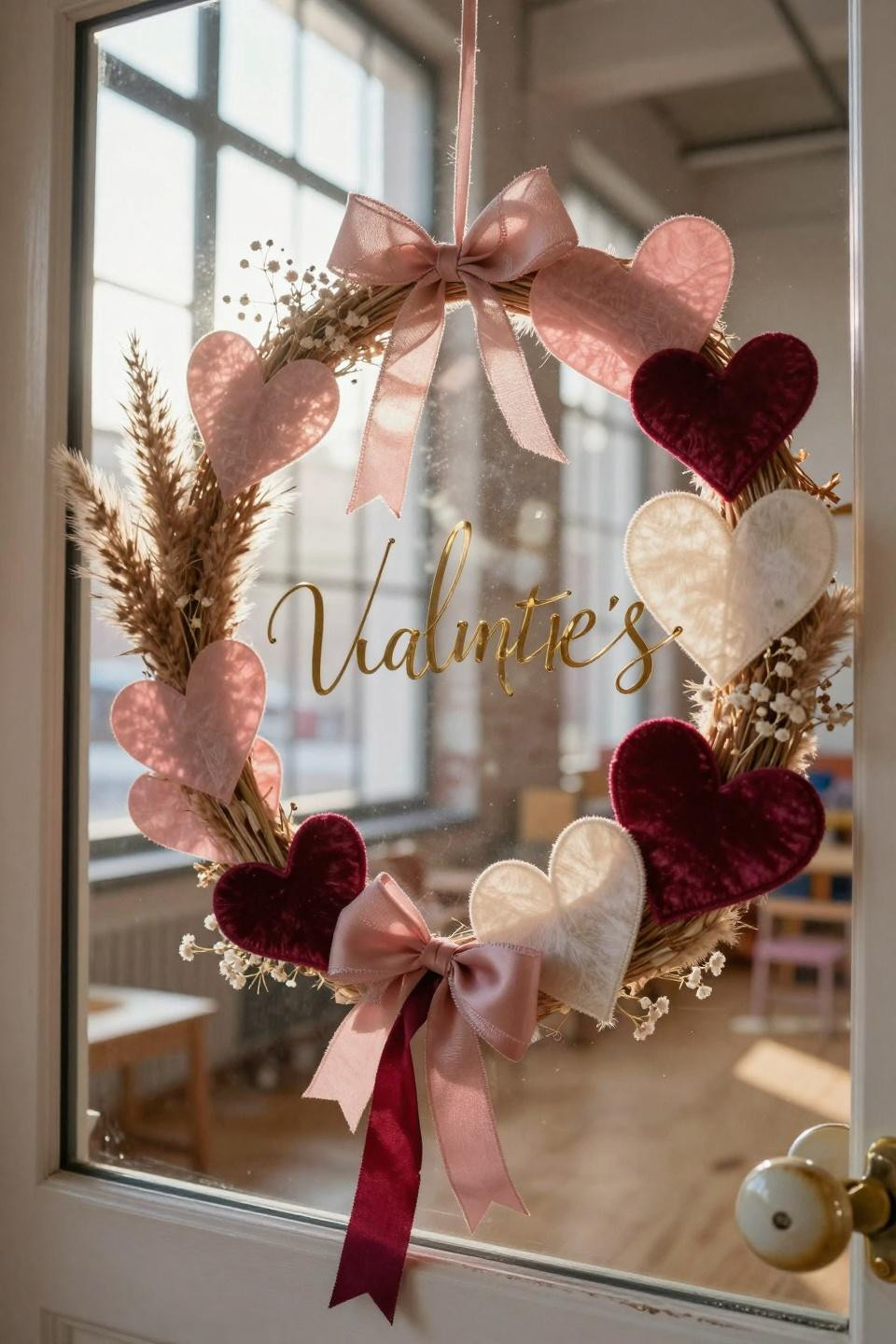 Valentines door decorations classroom with artisan silk ribbon wreath and dried flowers
