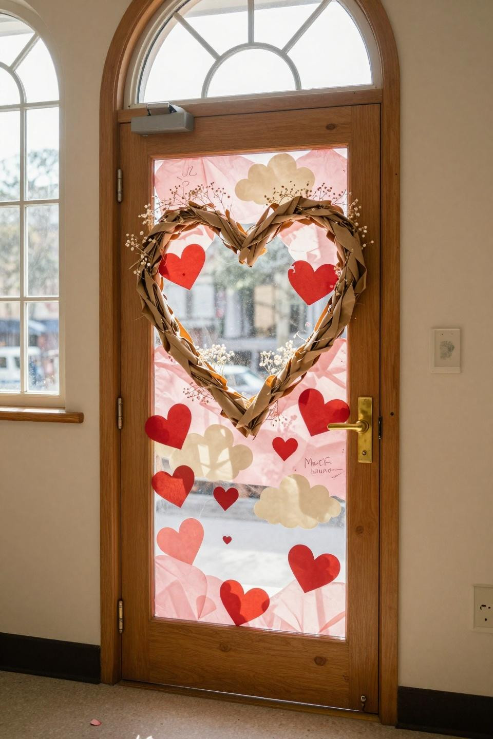 Valentines door decorations classroom featuring bright red paper hearts and pink rosettes