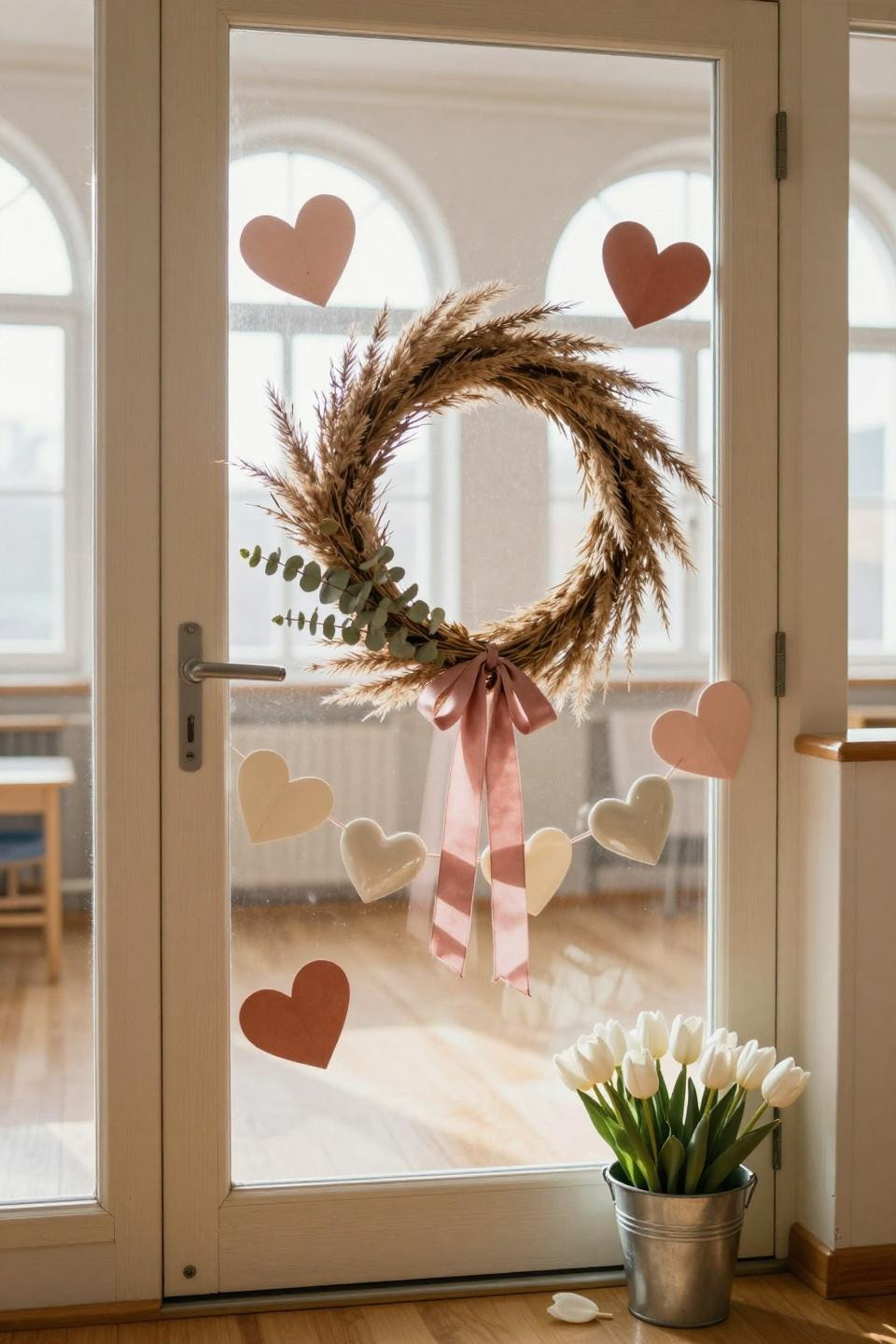 Valentines door decorations classroom in soft blush and cream with dried pampas wreath