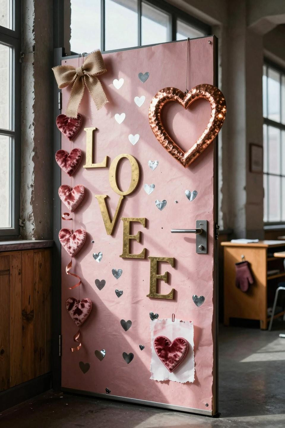 Valentines door decorations classroom with metallic rose gold and brass heart garland