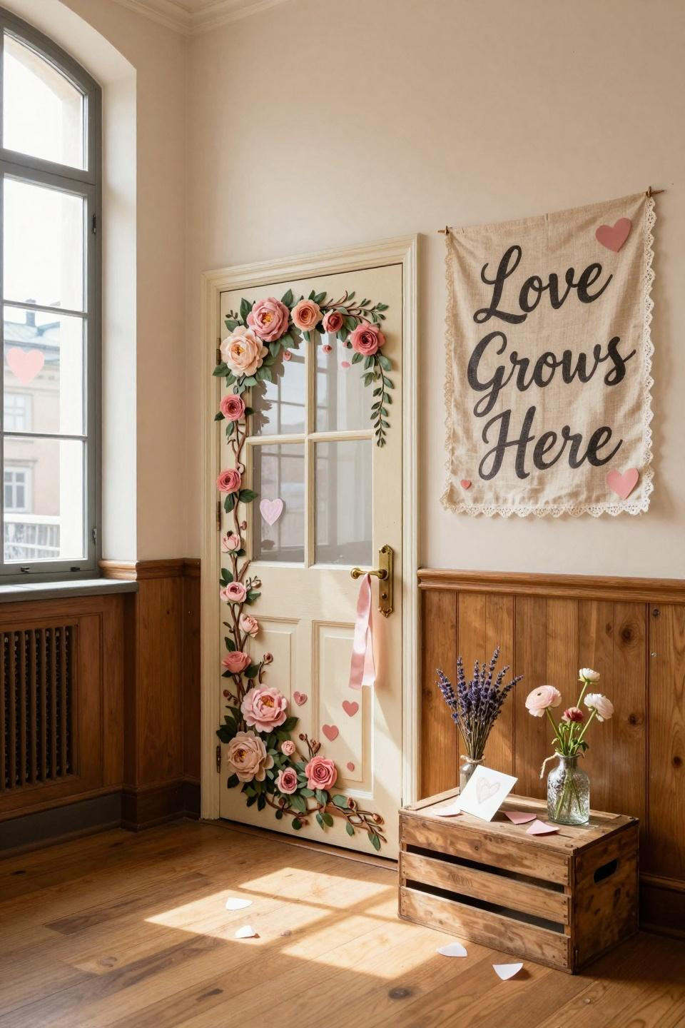 Valentines door decorations classroom painted with cascading flowers and vintage details