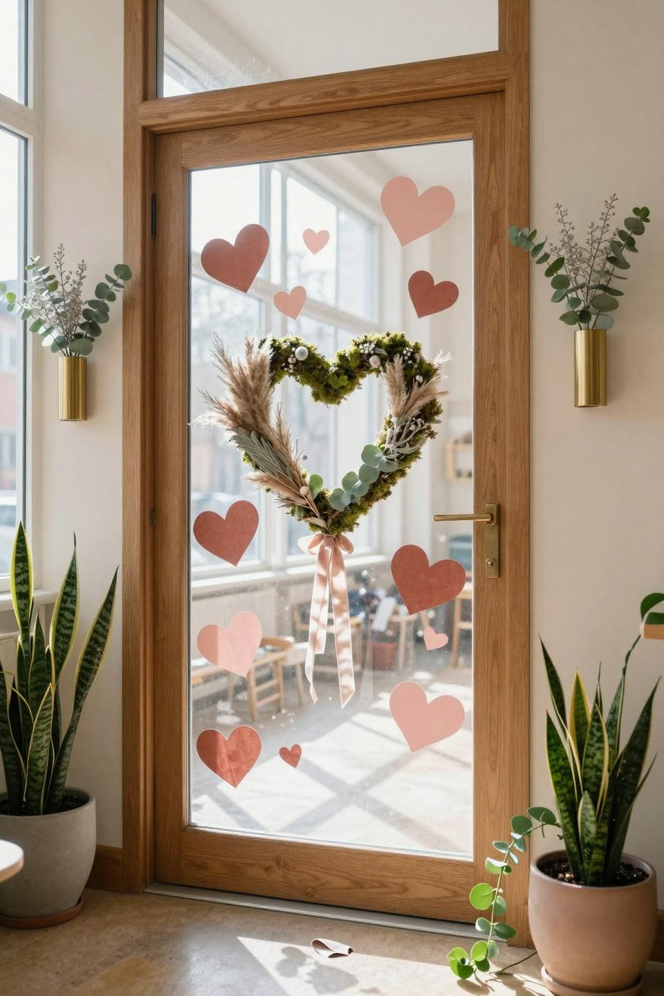 Valentines door decorations classroom daycare setup with natural moss wreath and greenery