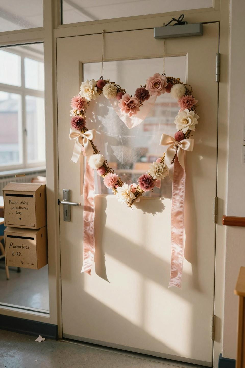 Valentines door decorations classroom with heart wreath and silk flower accents
