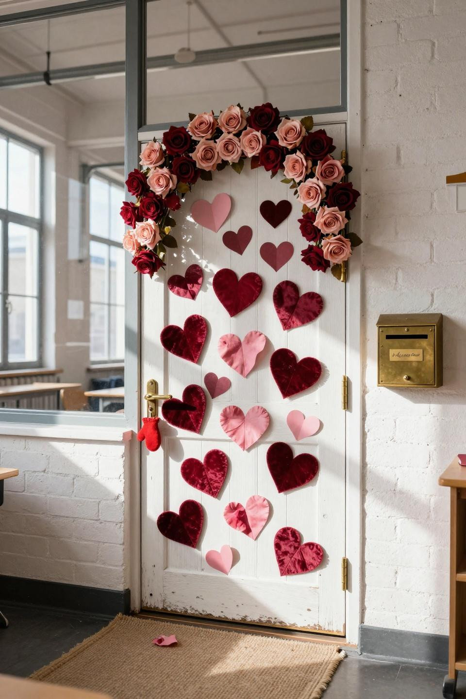 Valentines door decorations classroom featuring large velvet hearts on white wood door