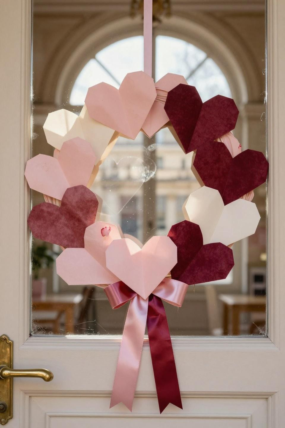 Valentines door decorations classroom with folded paper hearts and layered vellum