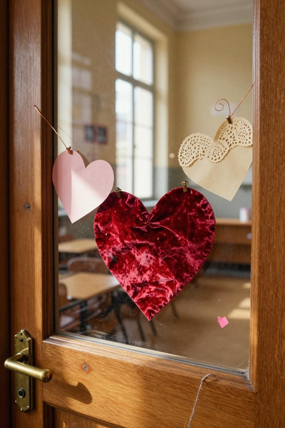 Valentines door decorations classroom featuring crimson velvet heart with brass hardware