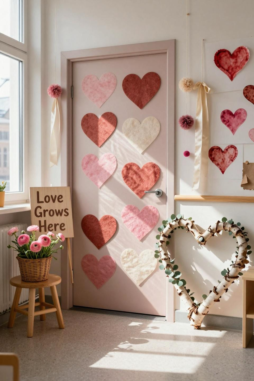 Valentines door decorations classroom with layered felt hearts and birch branch wreath