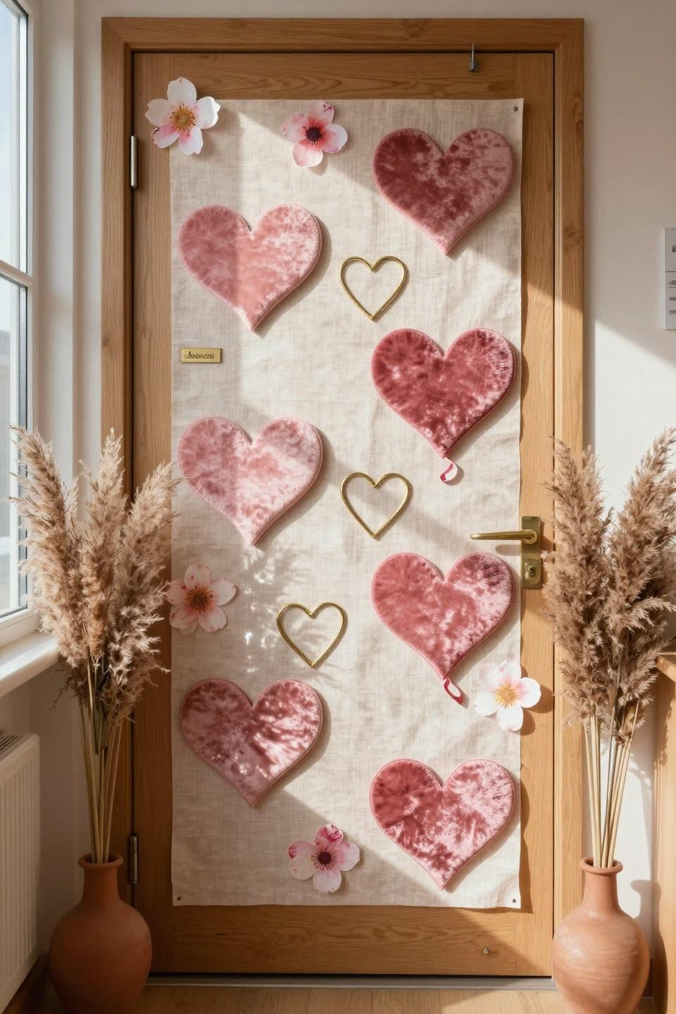 Valentines door decorations classroom featuring pink velvet hearts and dried pampas arrangements