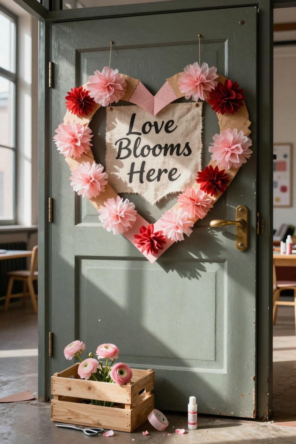 Valentines door decorations classroom with layered tissue paper hearts and pom-poms