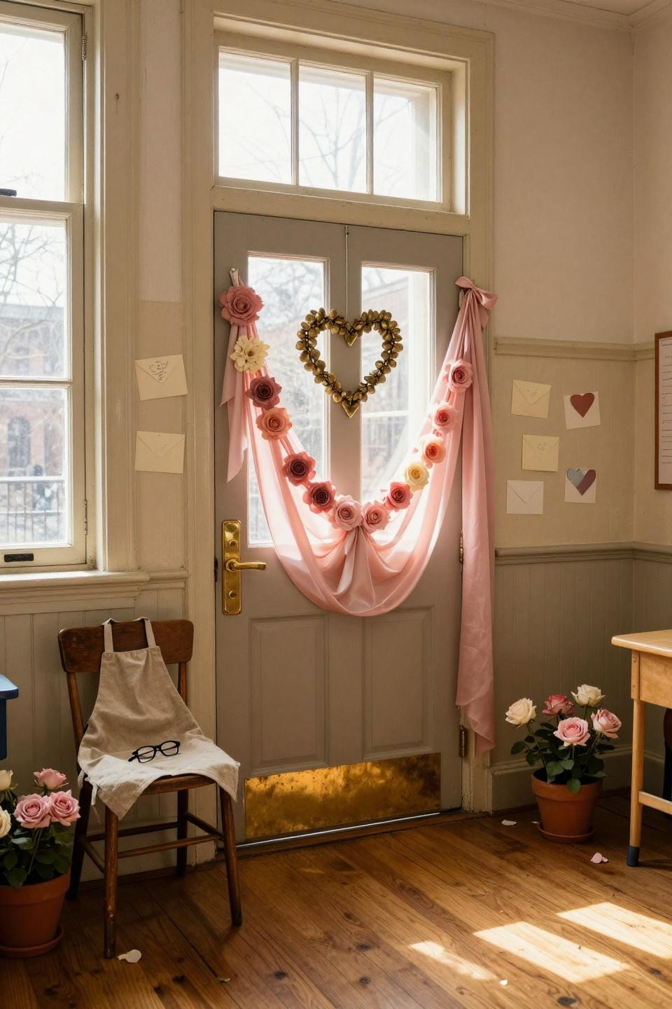 Valentines door decorations classroom featuring brass wreaths and fresh rose arrangements