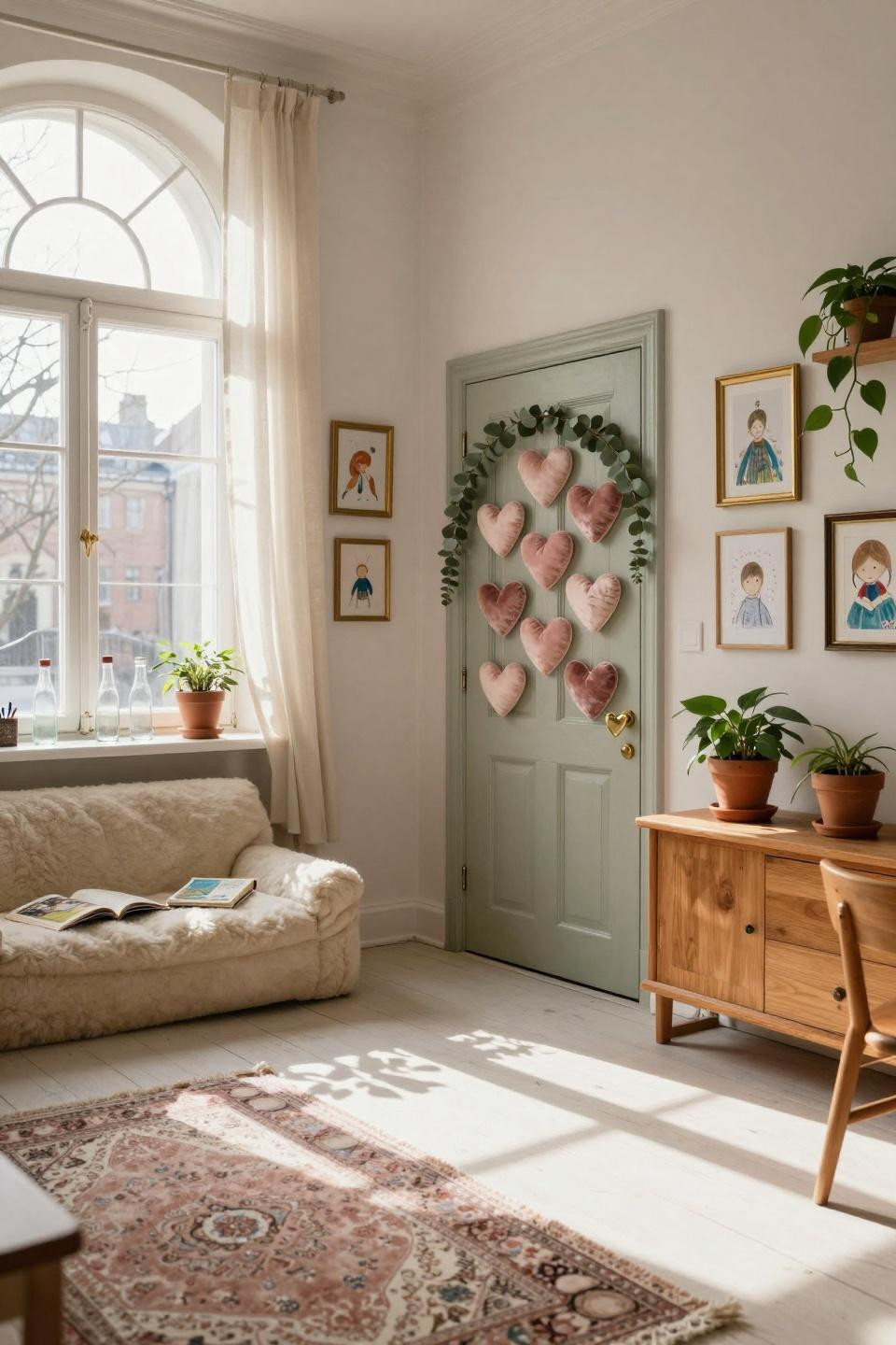 Valentines door decorations classroom with blush hearts on sage painted wood door