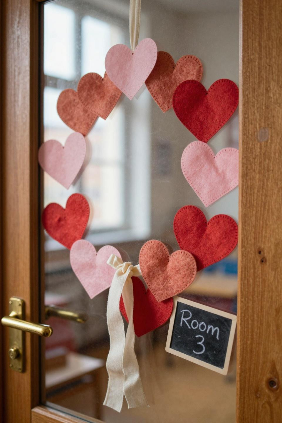 Valentines door decorations classroom featuring handmade felt wreath with embroidery details