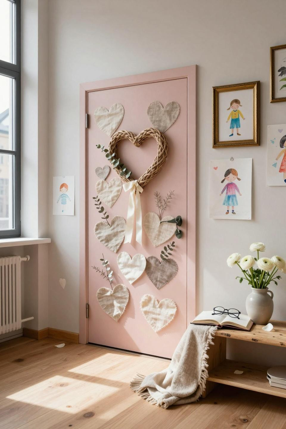 Valentines door decorations classroom in neutral Scandinavian style with natural materials