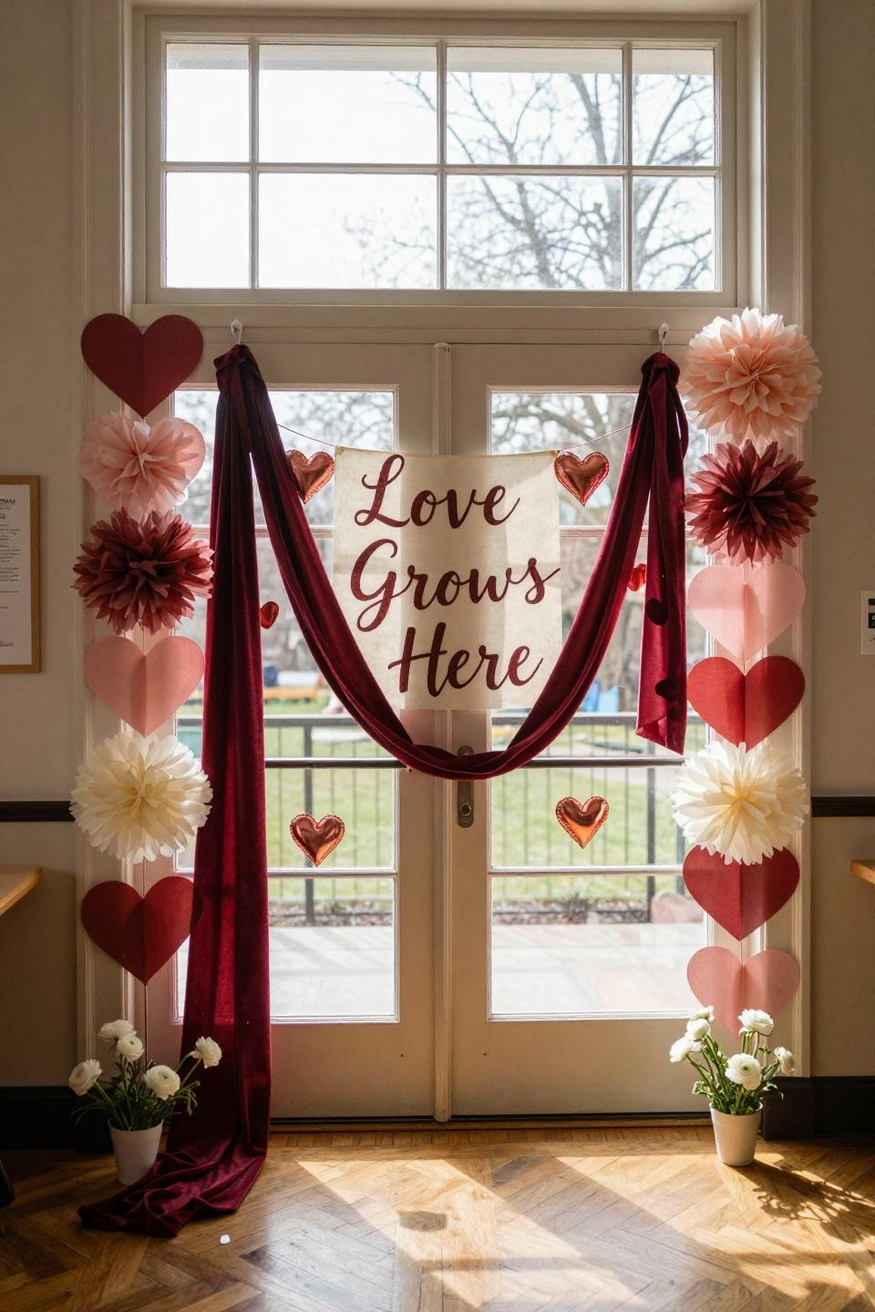 Valentines door decorations classroom with burgundy velvet ribbon and rose gold hearts