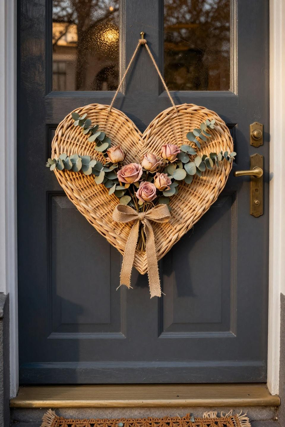valentines door hanger - woven rattan heart with dried florals on charcoal door