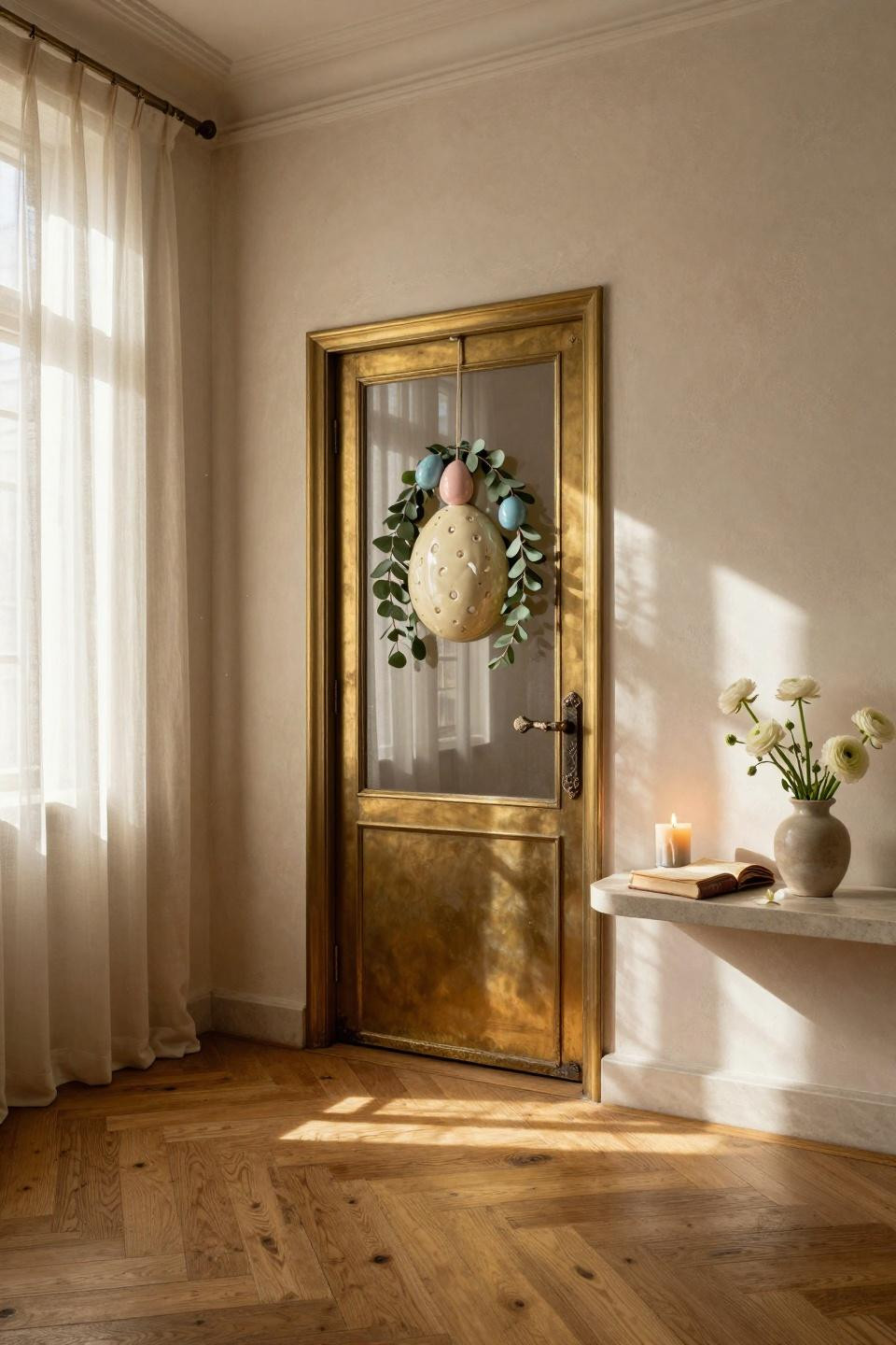 valentines door hanger - ceramic eggs with eucalyptus on brass door