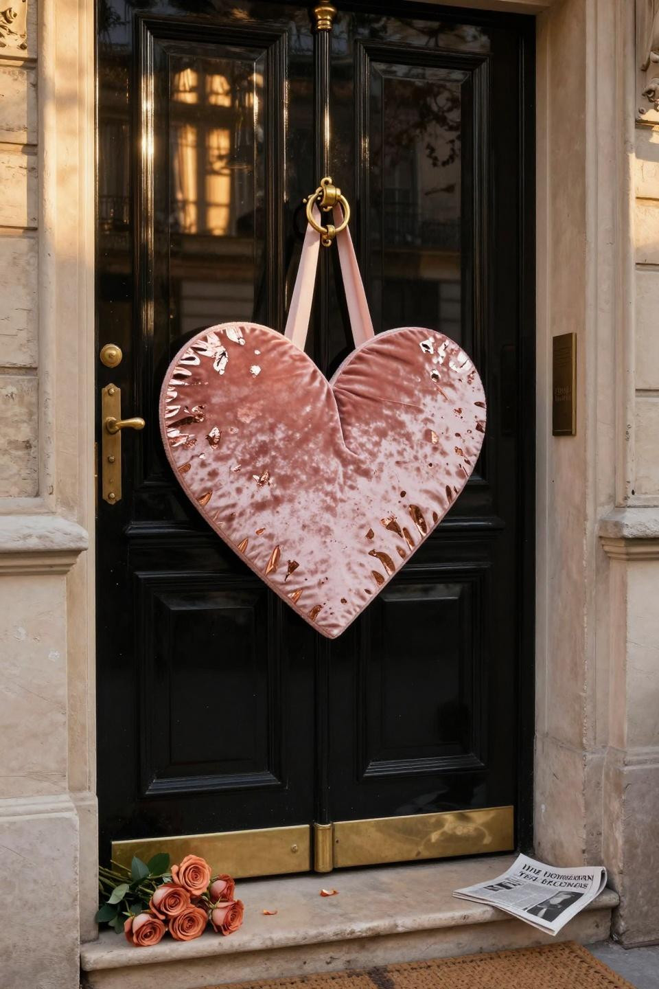 valentines door hanger - large velvet heart with rose gold accents on black door