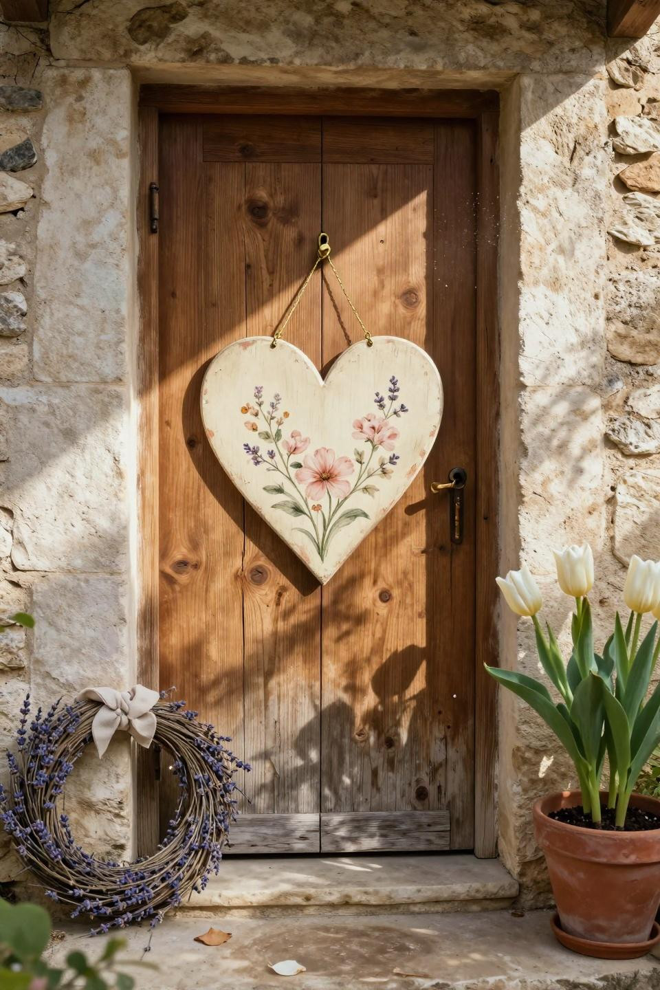 valentines door hanger - carved ivory heart with blush painted flowers