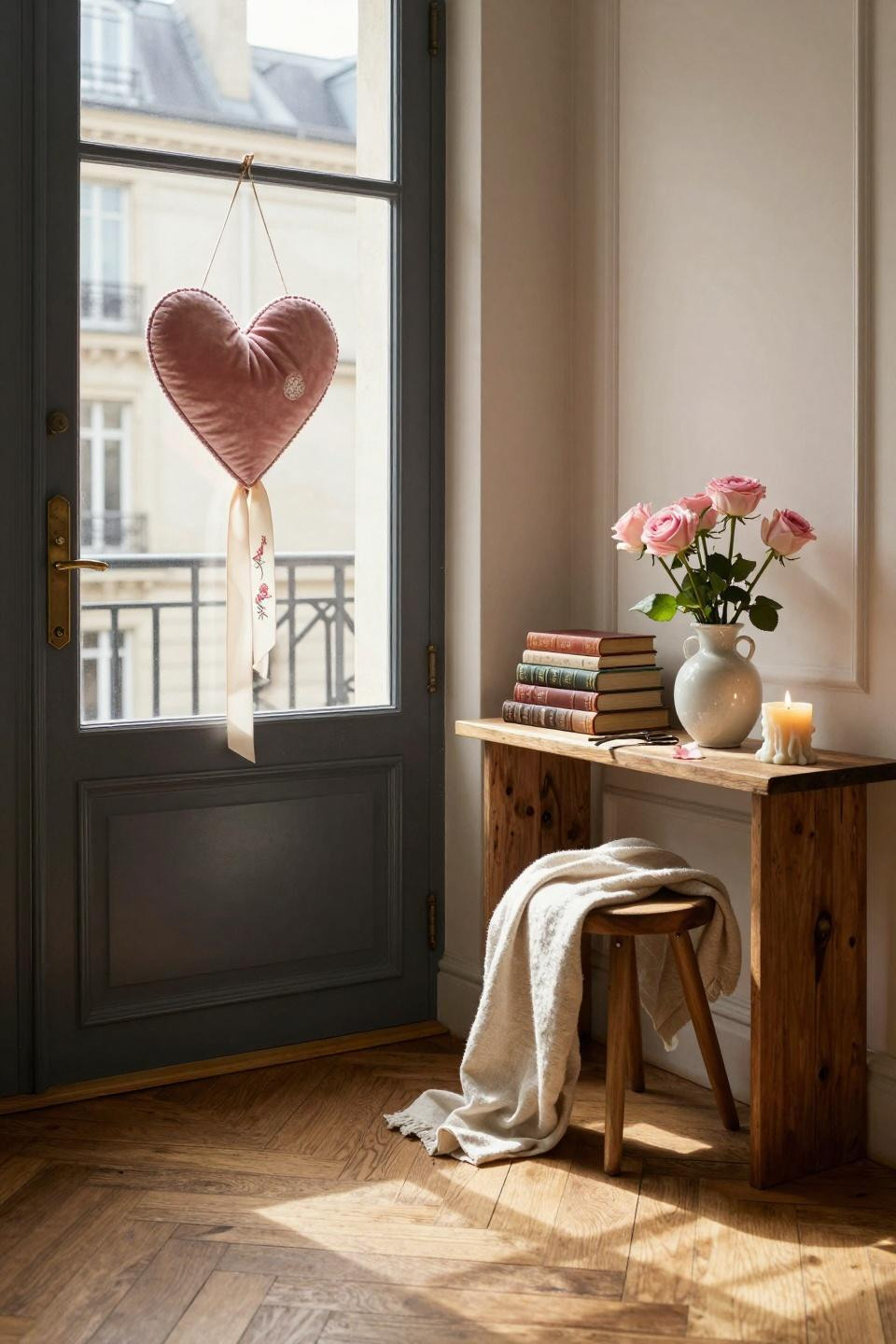 valentines door hanger - velvet heart styled with roses and brass accents