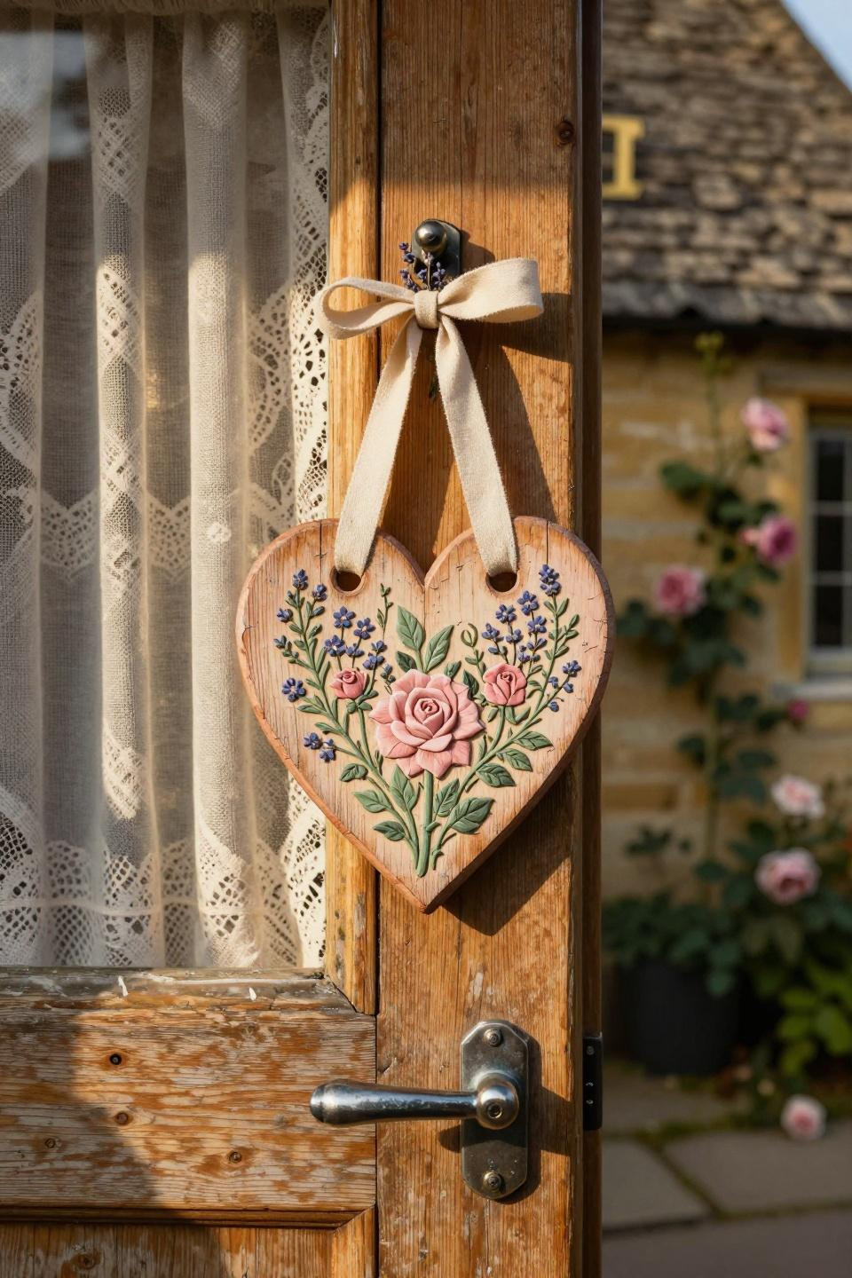 valentines door hanger - hand-carved wood heart with painted florals