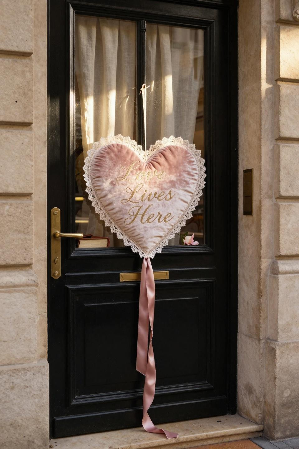 valentines door hanger - embroidered blush velvet heart with lace trim