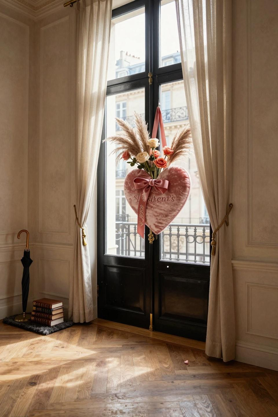 valentines door hanger - blush velvet heart with silk ribbon and pampas grass