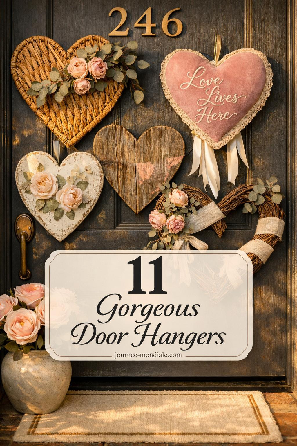 Charming heart-shaped door hanger with red and pink accents, ribbon bow, and festive Valentine's Day decorations