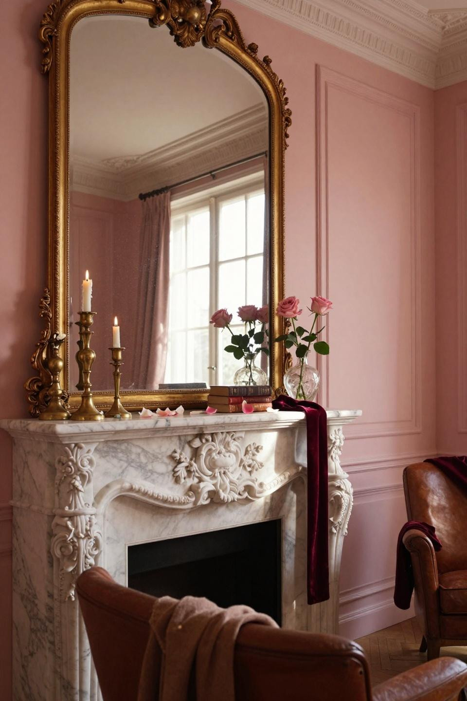 valentines mantle decor - massive gilt mirror with burgundy velvet ribbon