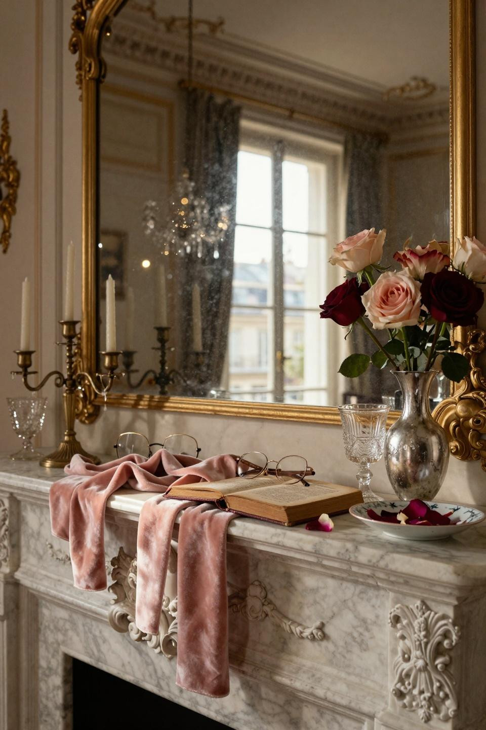 valentines mantle decor - draped velvet ribbon with mercury glass and roses