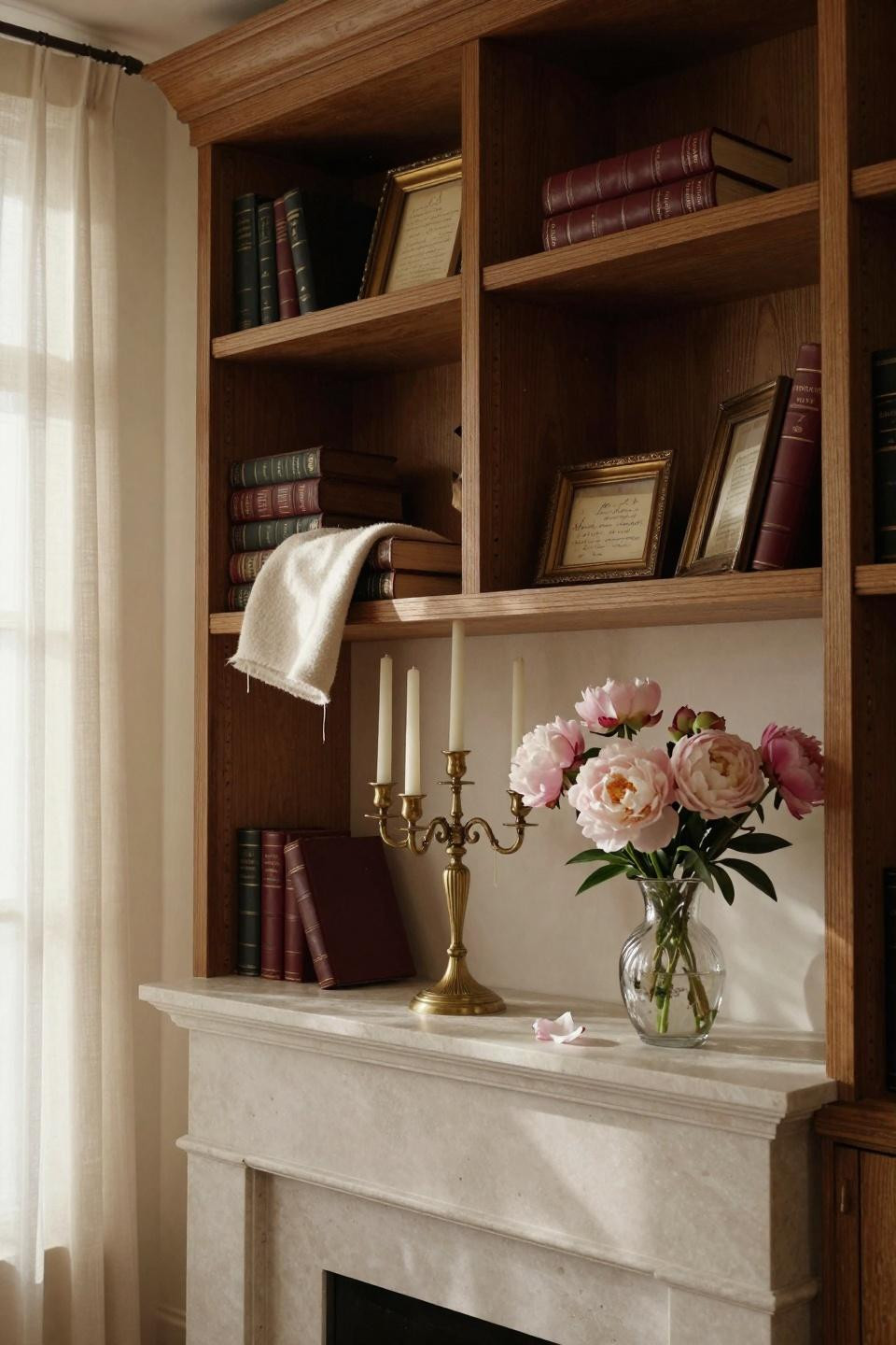 valentines mantle decor - built-in oak shelving with burgundy leather books