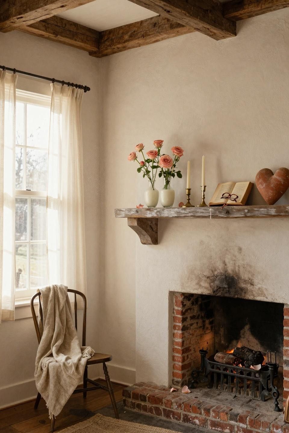 valentines mantle decor - open poetry book with garden roses and brass