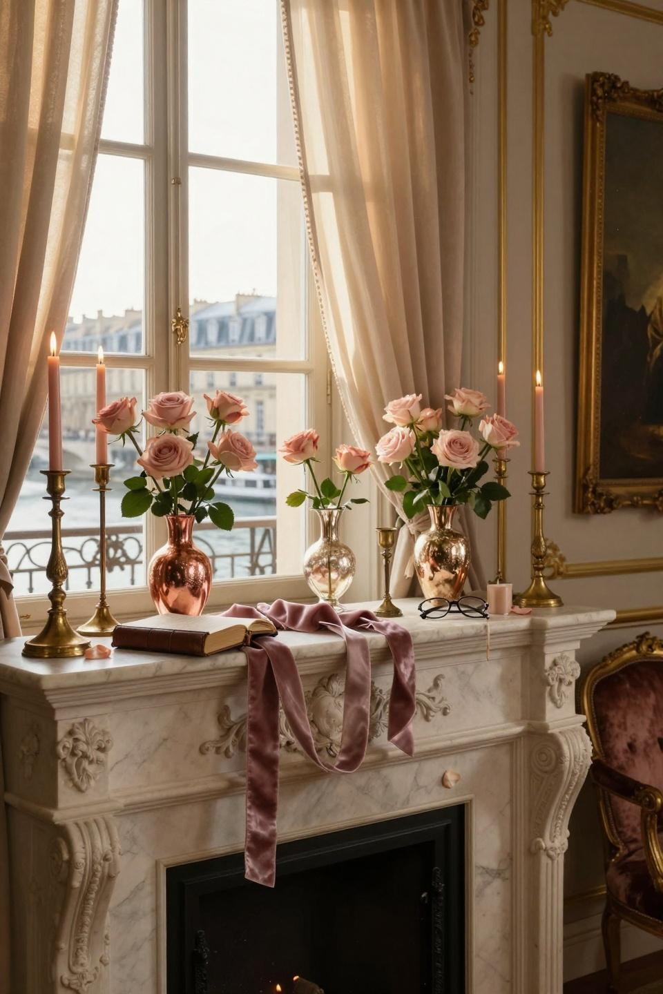 valentines mantle decor - glowing fireplace with mercury glass votives