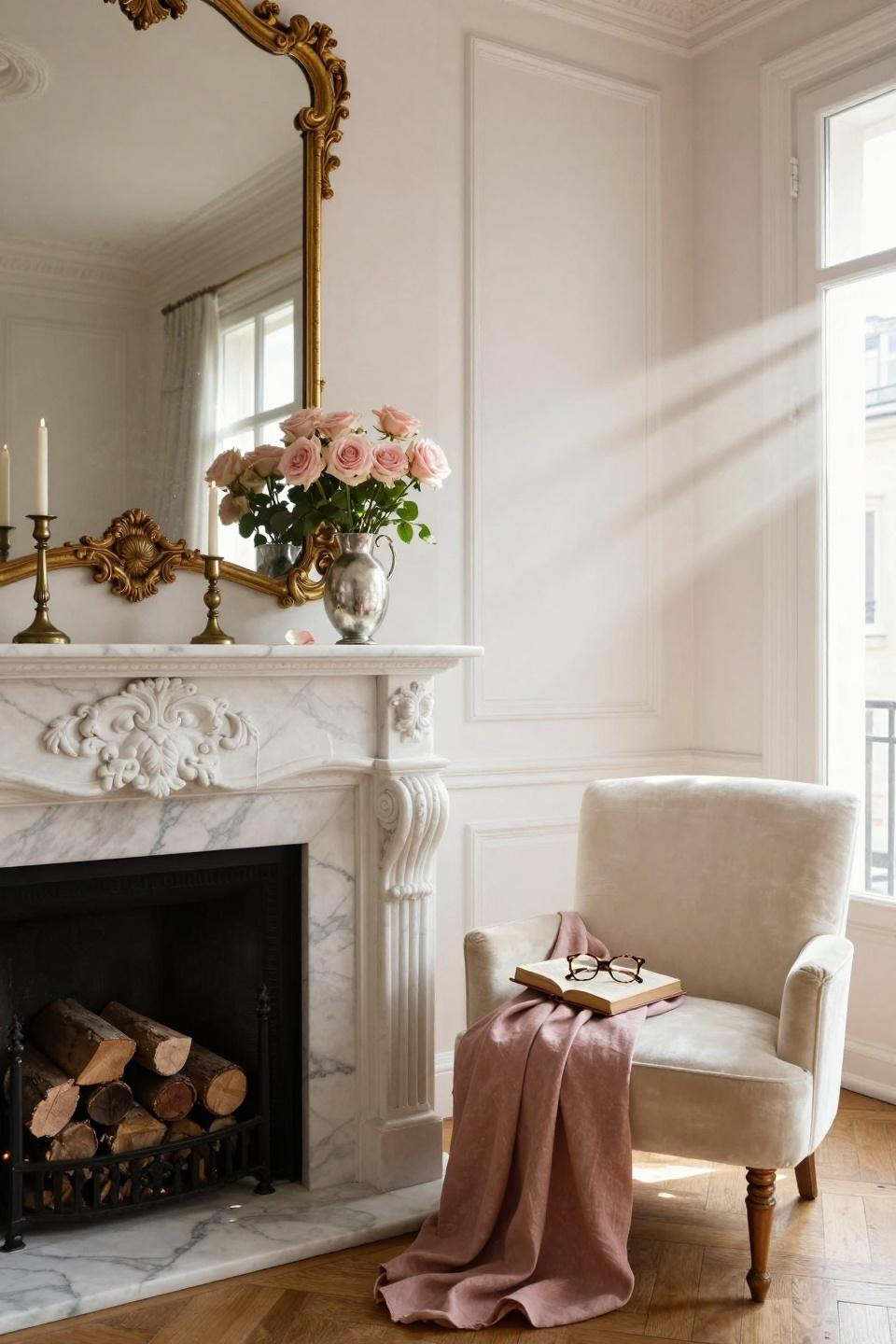 valentines mantle decor - carved limestone with leather-bound books and roses