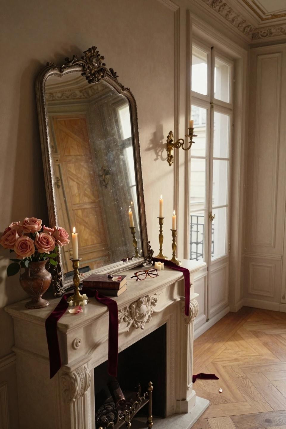 valentines mantle decor - oversized mirror leaning against wall with brass accents